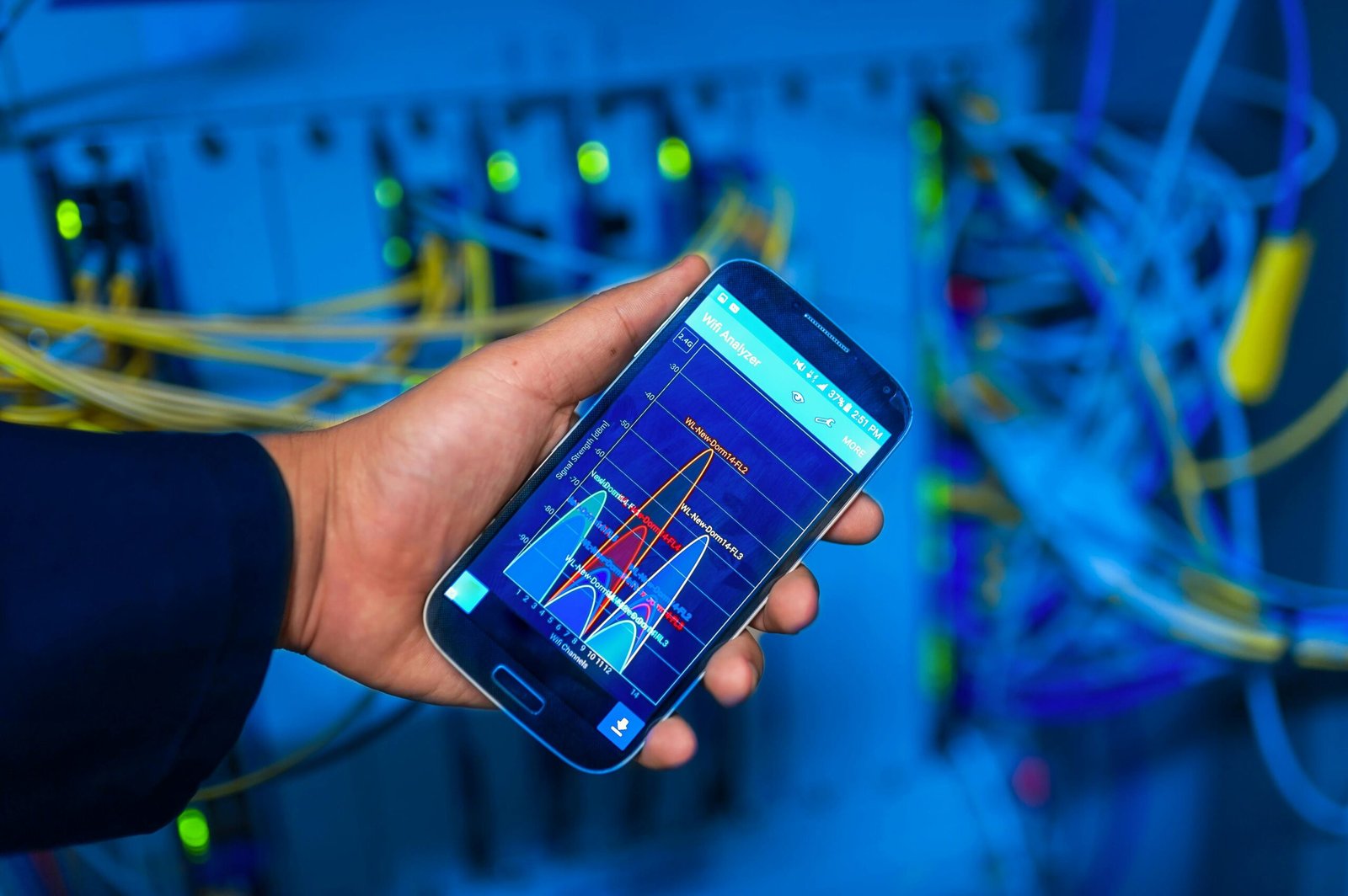 Hand holding smartphone displaying network analysis in high-tech server environment.